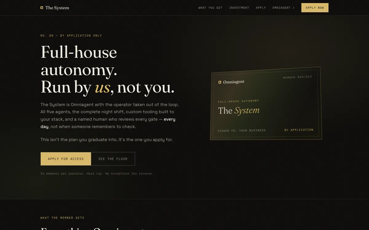 Live capture of the Omniagent System flagship-tier product site