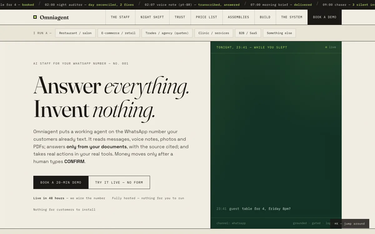 Live capture of the Omniagent site — Answer everything. Invent nothing.