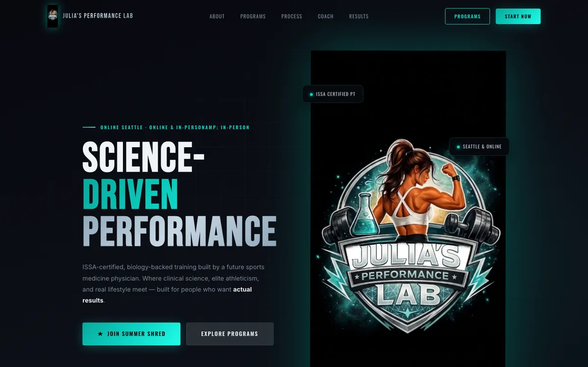 Live capture of performancelab.fitness — Science-Driven Performance hero with branded logo art