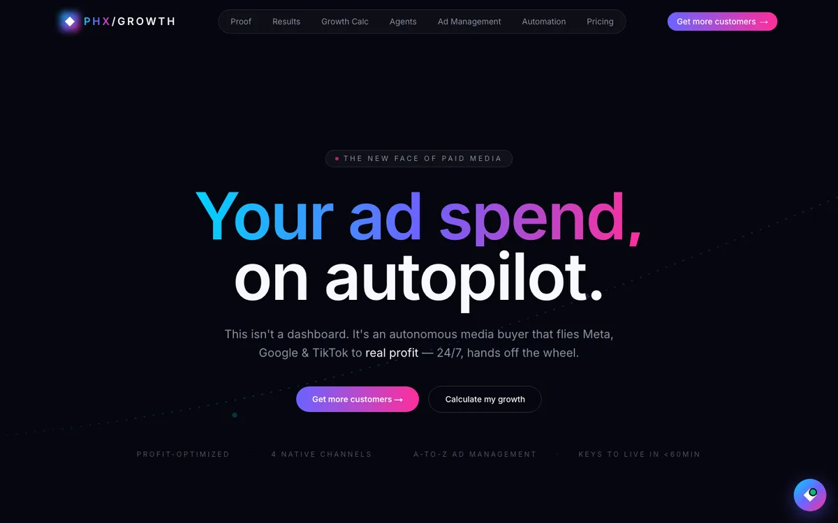 Live capture of phxgrowth.com — Your ad spend, on autopilot